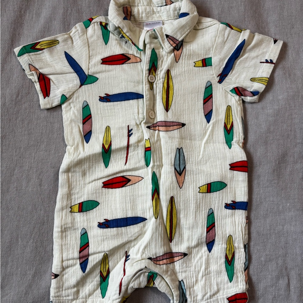Hanna Andersson Linen Multicolor Surfboard Print Romper, NWOT